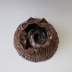 coral flower sculpture, stoneware sculpture, handbuilt ceramic sculpture in purple shades.