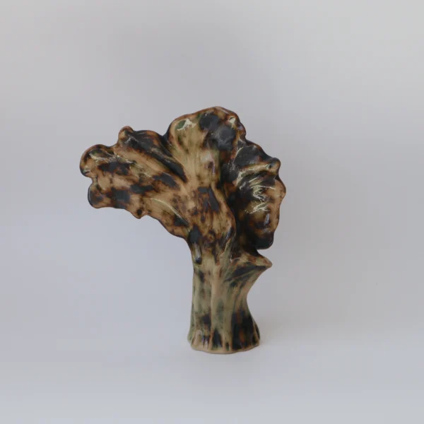 ceramic sculpture, tree form, handbuilt white stoneware, green and black tones